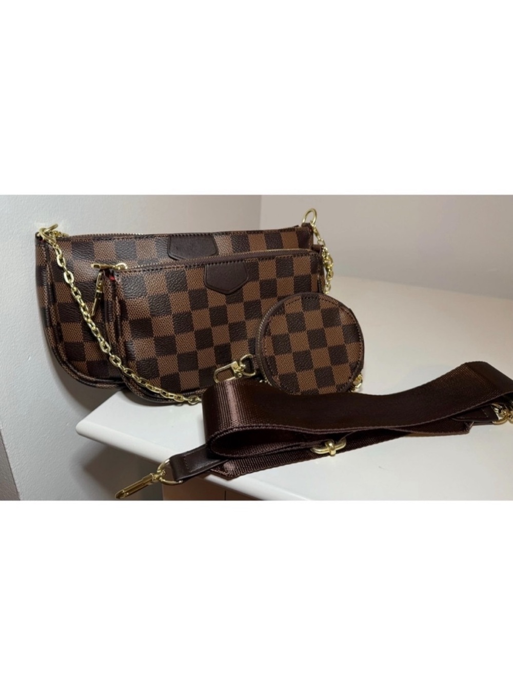 Brown Checkered Women’s Multi-Pouch Crossbody Bag with Coin Case